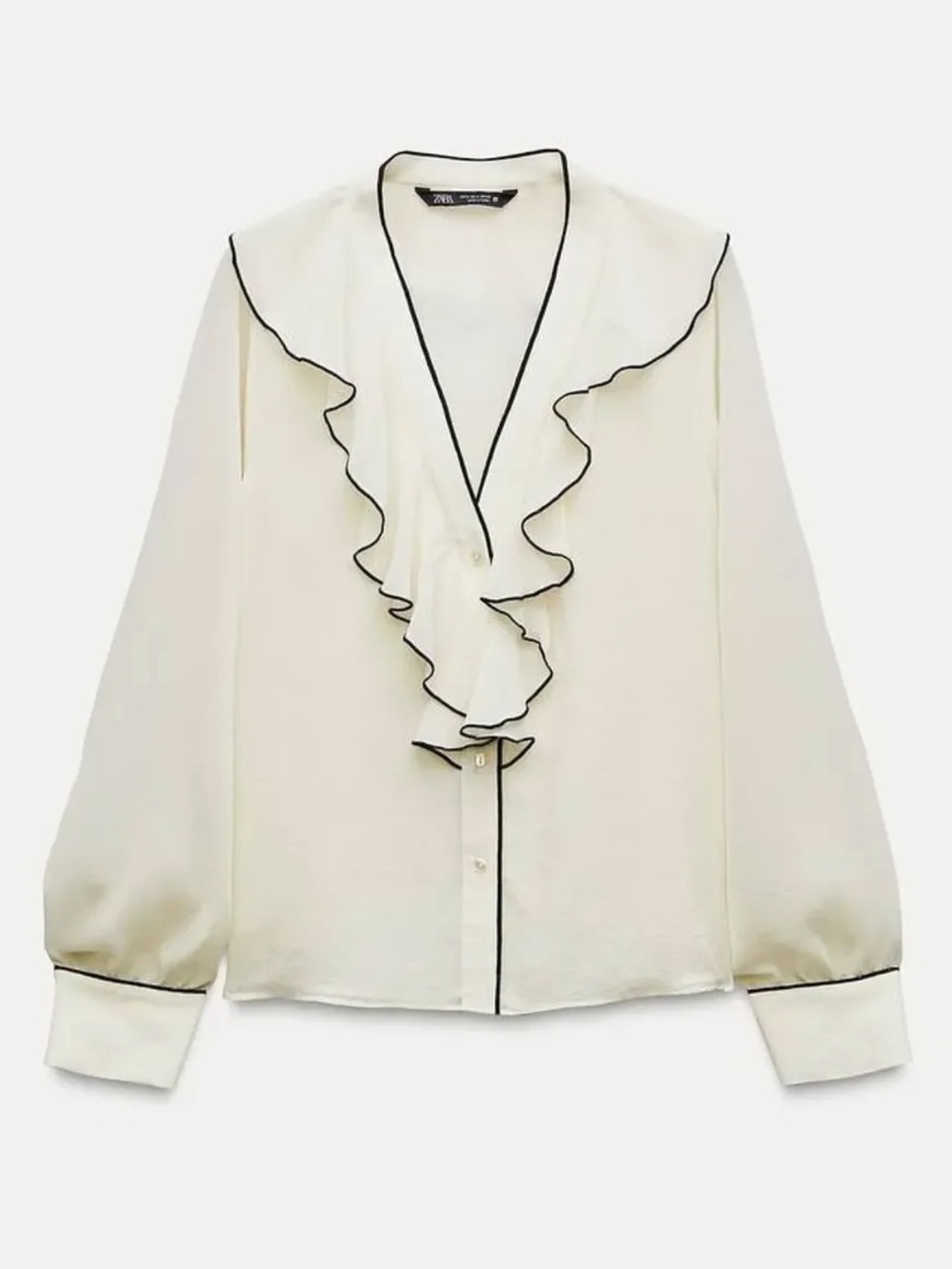 NWT Zara Ruffled V-Neck Buttoned Long Sleeve Cream Blouse Black Piping Large
